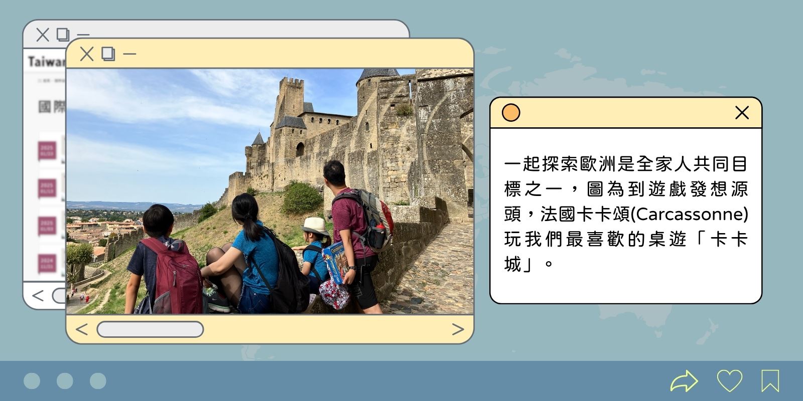 一起探索歐洲是全家人共同目標之一，圖為到遊戲發想源頭，法國卡卡頌(Carcassonne)玩我們最喜歡的桌遊「卡卡城」。