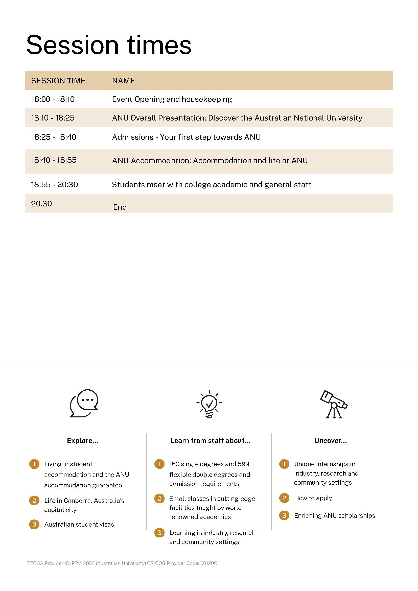 ANU Information Day Session times