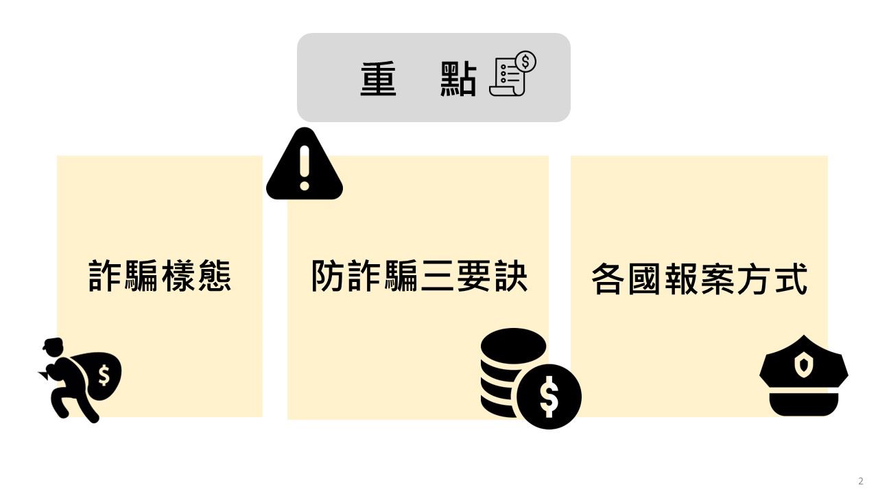 本檔案重點包含詐騙樣態、防詐騙三要訣、各國報案方式