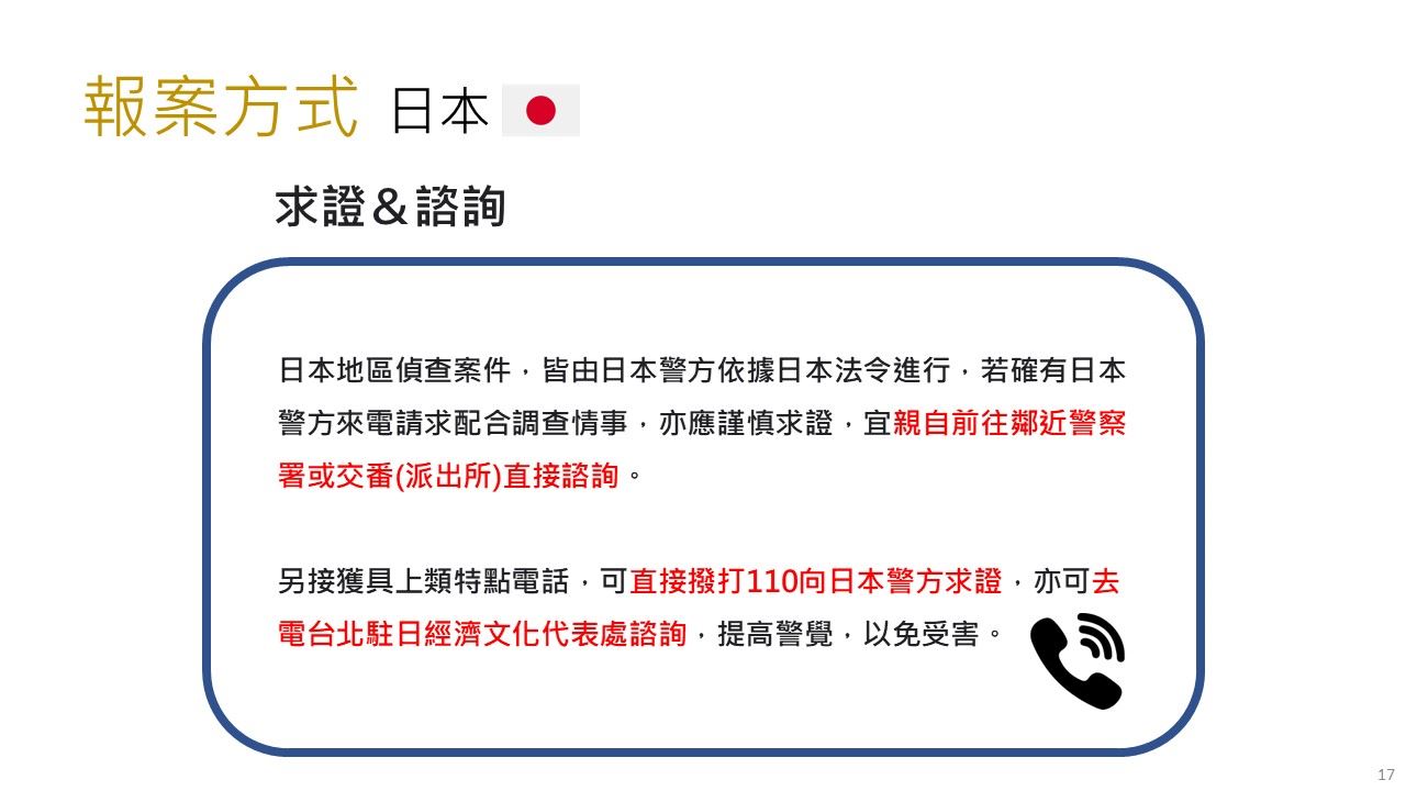 日本報案方式-宜親自前往鄰近警察署或交番(派出所)直接諮詢。另接獲具上類特點電話，可直接撥打110向日本警方求證，亦可去電台北駐日經濟文化代表處諮詢，提高警覺，以免受害。