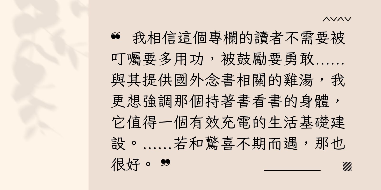❝ 我相信這個專欄的讀者不需要被叮囑要多用功,被鼓勵要勇敢......與其提供國外念書相關的雞湯,我更想強調那個持著書看書的身體,它值得一個有效充電的生活基礎建設。......若和驚喜不期而遇,那也很好。 ❞